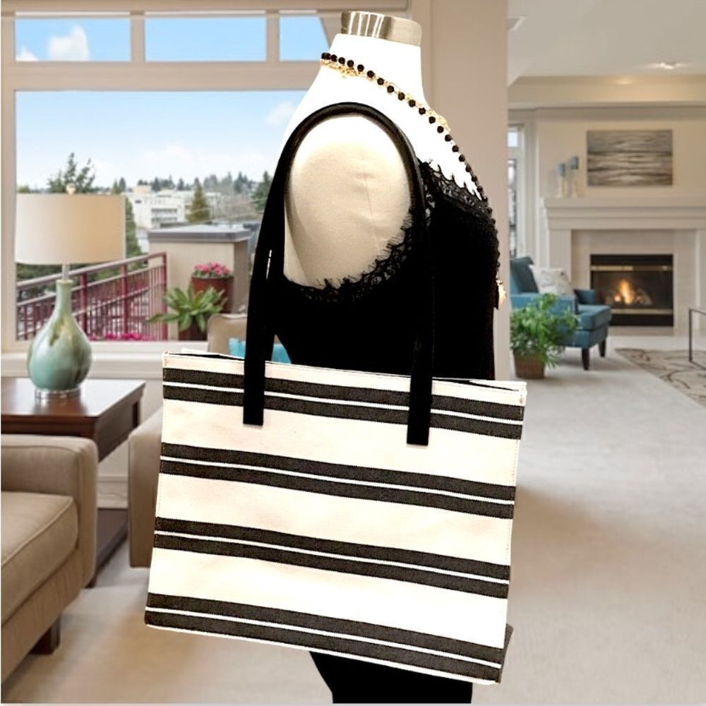 CANVAS TOTE STRIPS CREAM/BLACK WORK, LAPTOP, VACATION, SCHOOL
